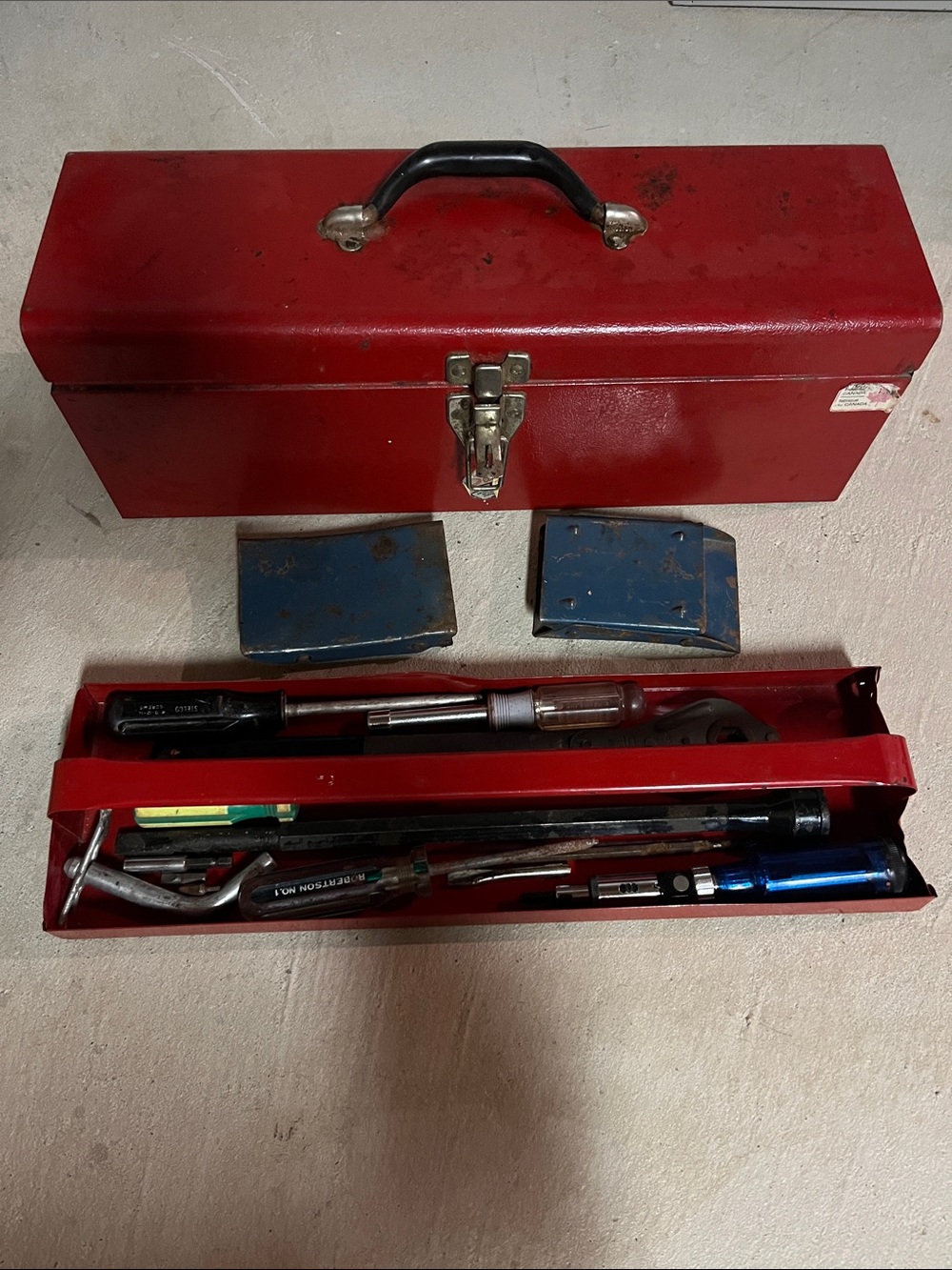 Red Metal Toolbox with Black Handle and Screwdrivers, Tools Vintage